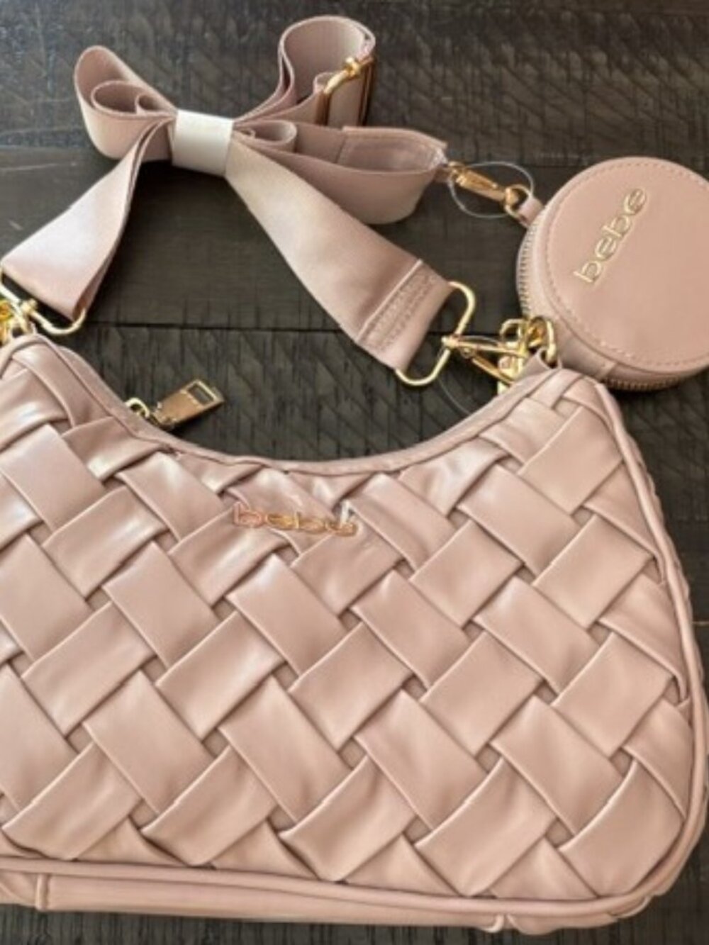 Brand New BEBE Luca Pink Woven Purse w/mini Round Purse NWT